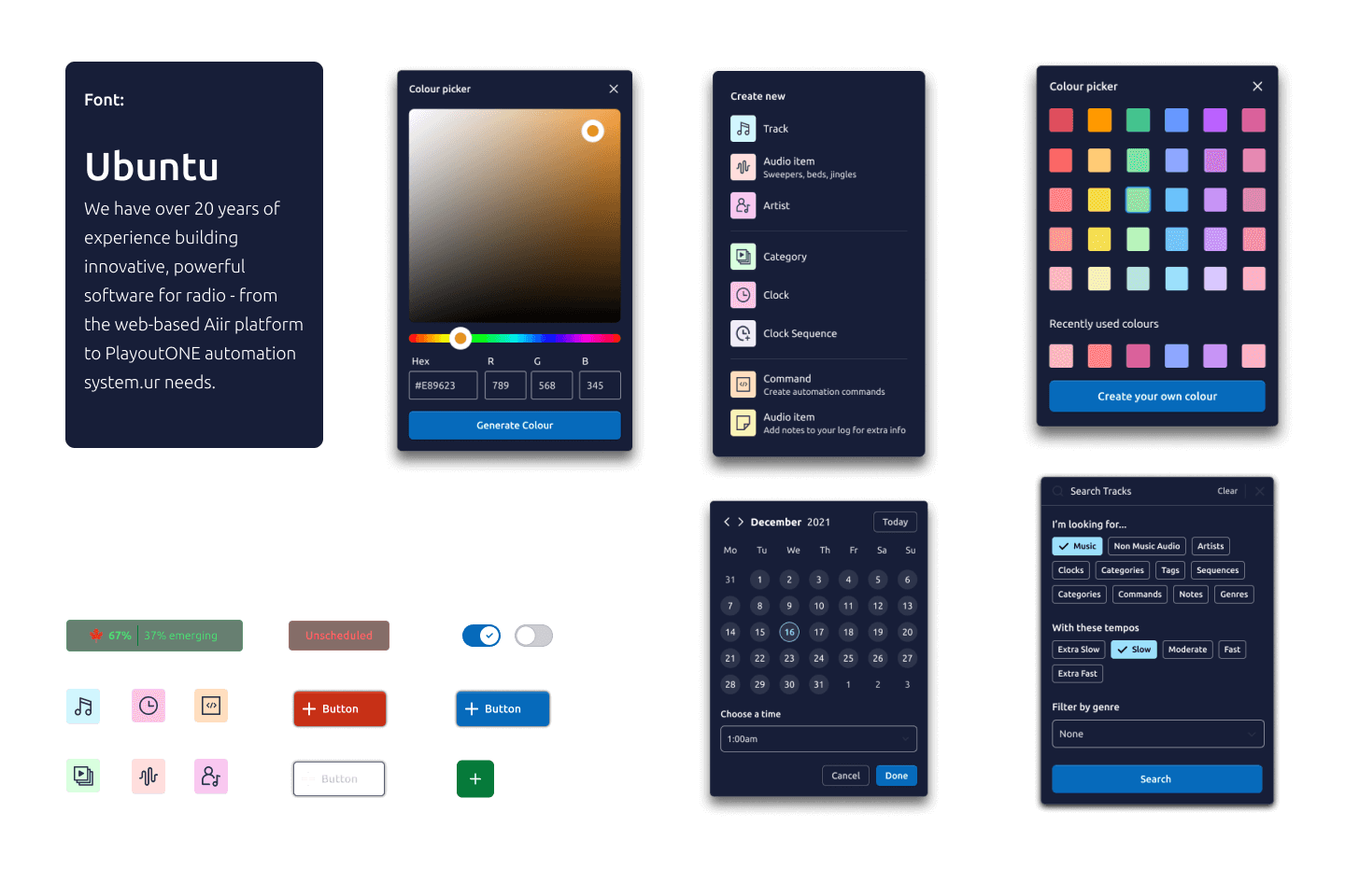 Screenshot of UX UI elements including a color picker, calendar, playlist management tools, font info, and various buttons—all part of a cohesive design system.